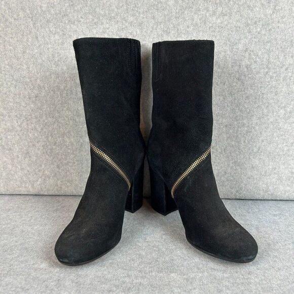 VC Vince Camuto Size 7 Black Suede Kardale Boots Gold Wrap Zipper Heeled Booties - Picture 6 of 12